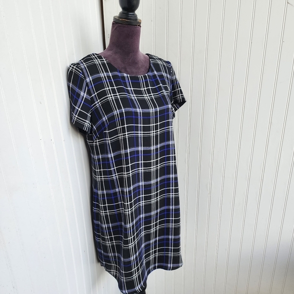 Cynthia Rowley Women Short Sleeve Dress Black Blue Plaid Shift Relaxed Zip Sz 10 - Picture 2 of 13